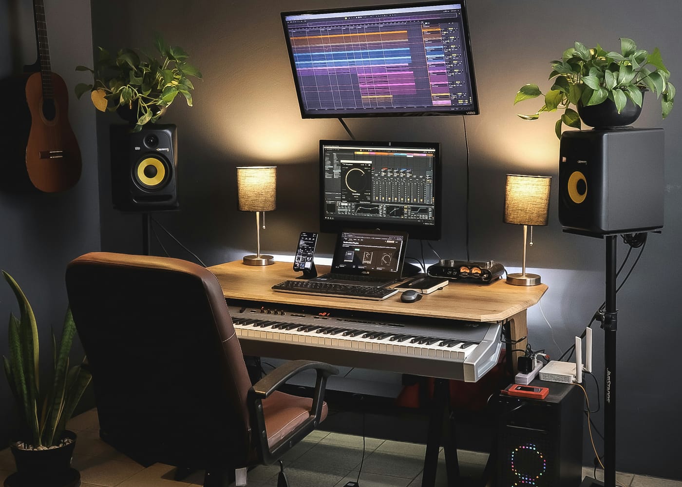 Domowe studio nagrań z matami akustycznymi na ścianie i sprzętem audio przy biurku