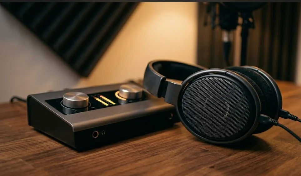 Interfejs audio i słuchawki studyjne na biurku - podstawowy sprzęt do nauki miksu